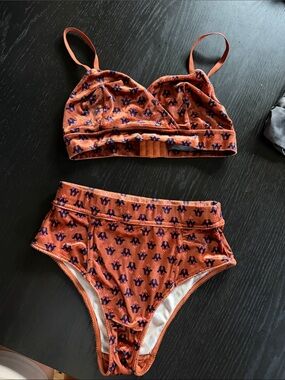 Anthropologie Orange Velvet Bralette and High-Waist Briefs with Navy Motif